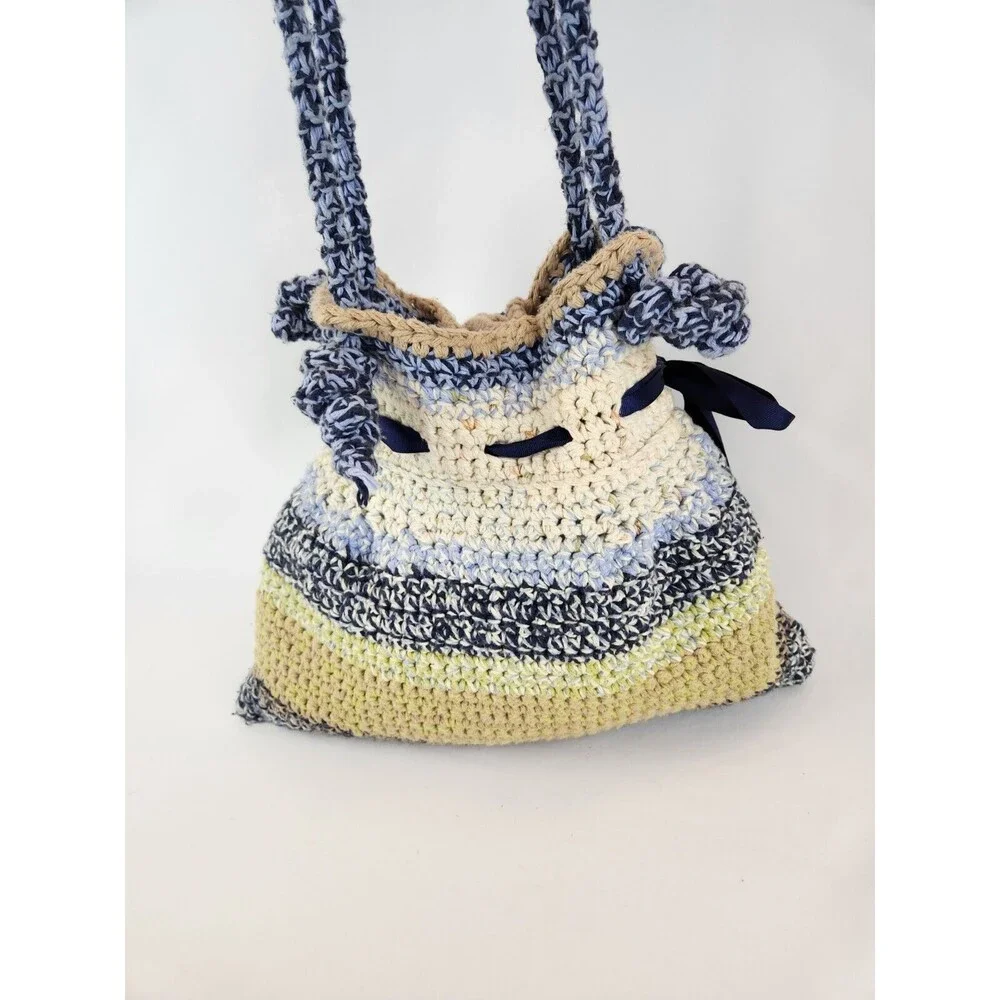 Funky Fun Handmade Crochet Knit Bag Large Purse‎ Boho Hippie Flowers Blue Beige